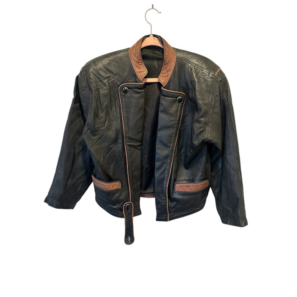 Vintage Butter Soft Black Leather Moto Jacket Brown Trim Quiet Luxury Minimalist - Picture 4 of 16